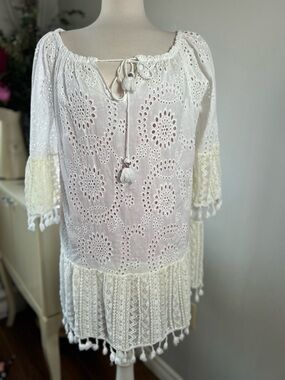Giulia Rosi Italy White Cotton Eyelet Tassel Tunic Top / Mini Dress - S/M